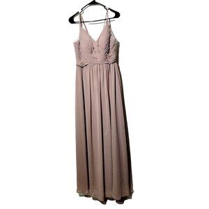Azazie Bridesmaid Dress A10 Long Lace Pleated Romantic Taupe Chiffon Flowy Femme